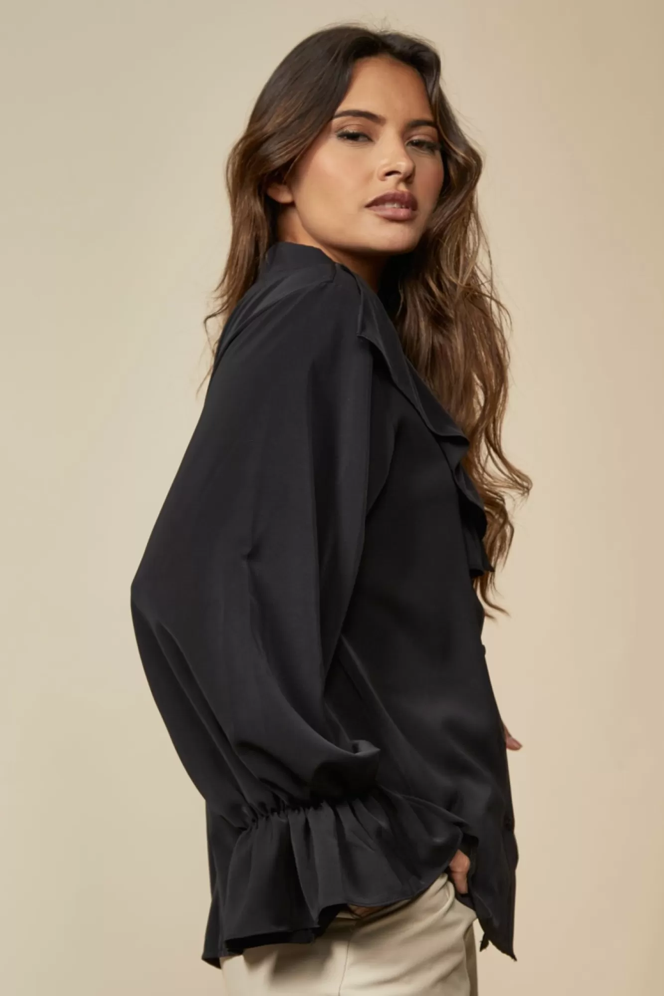 Blouses^Hoxton Gal Ruffle Detail Front And Ruffle Sleeve Shirt Black
