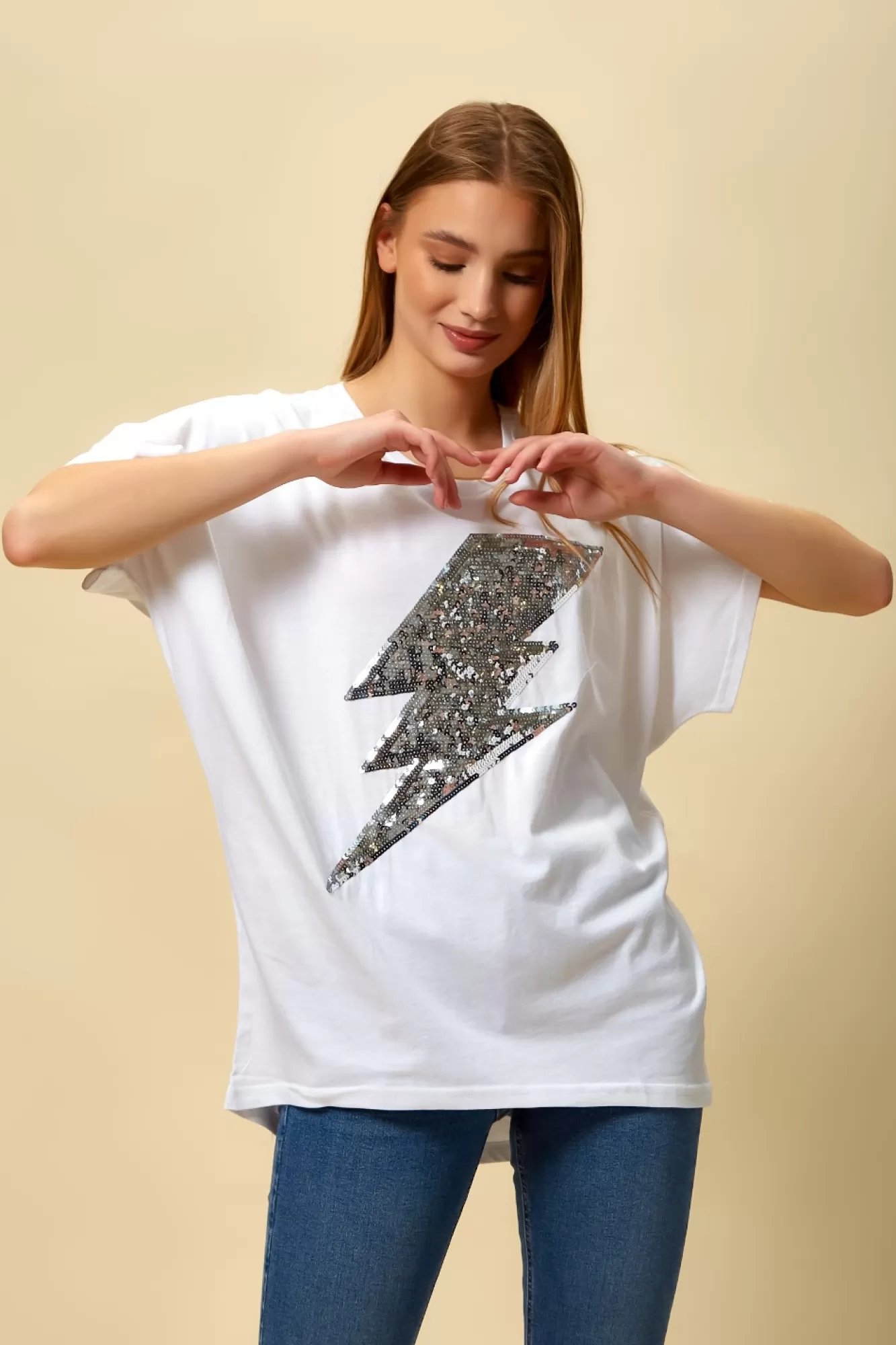 T-Shirts^Hoxton Gal Sequin Flash Top Relaxed Fit In White