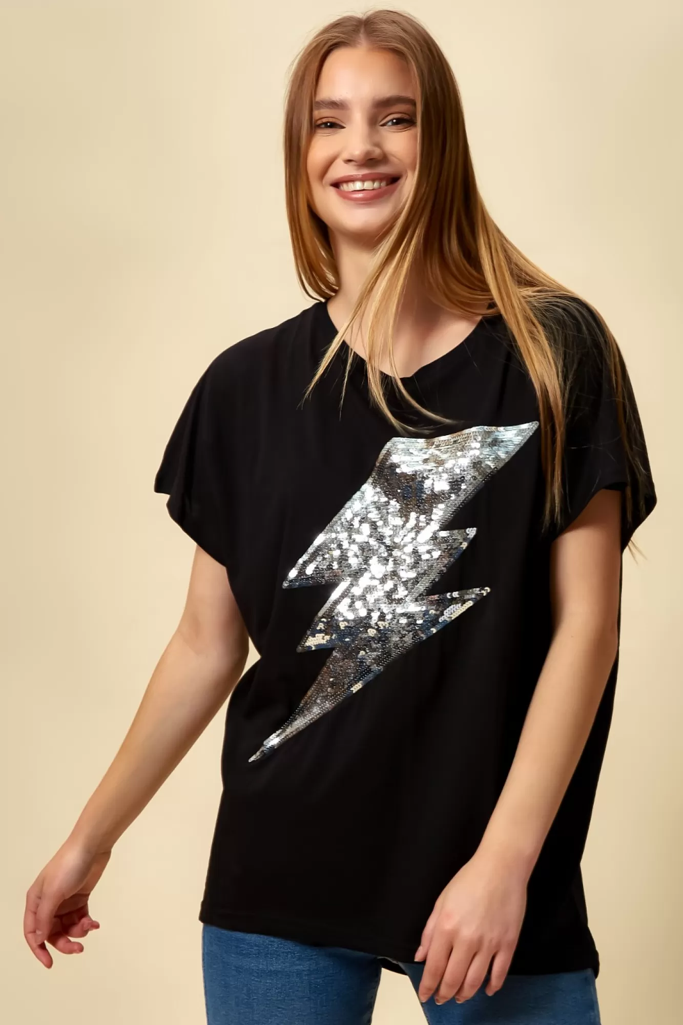 T-Shirts^Hoxton Gal Sequin Flash Top Relaxed Fit In Black