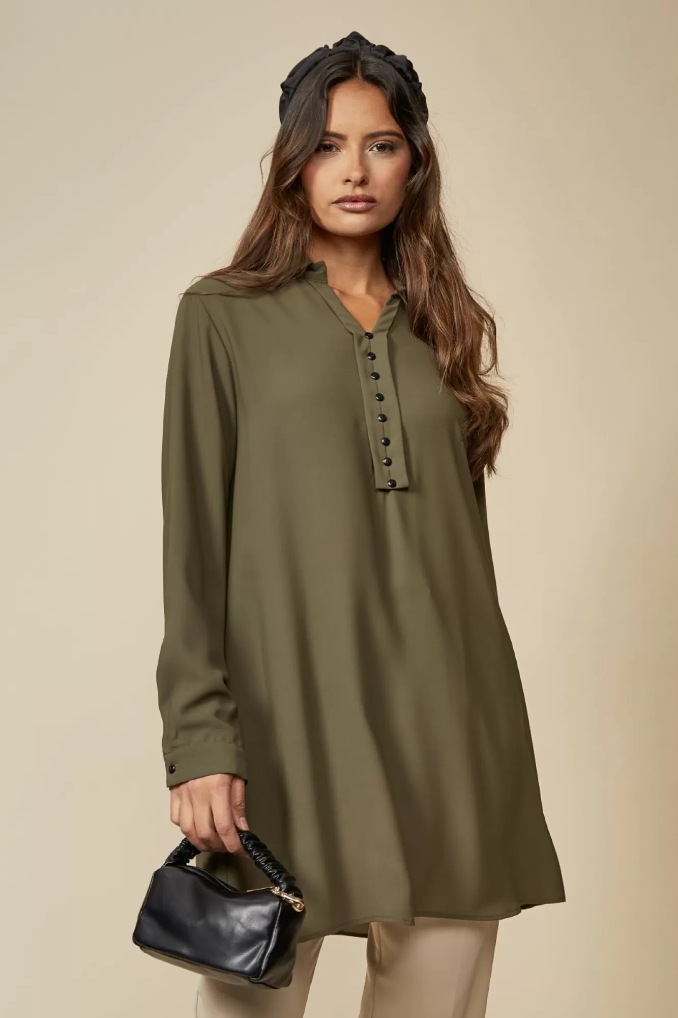 Blouses^Hoxton Gal Tunic Shirt With Button Details In Khaki