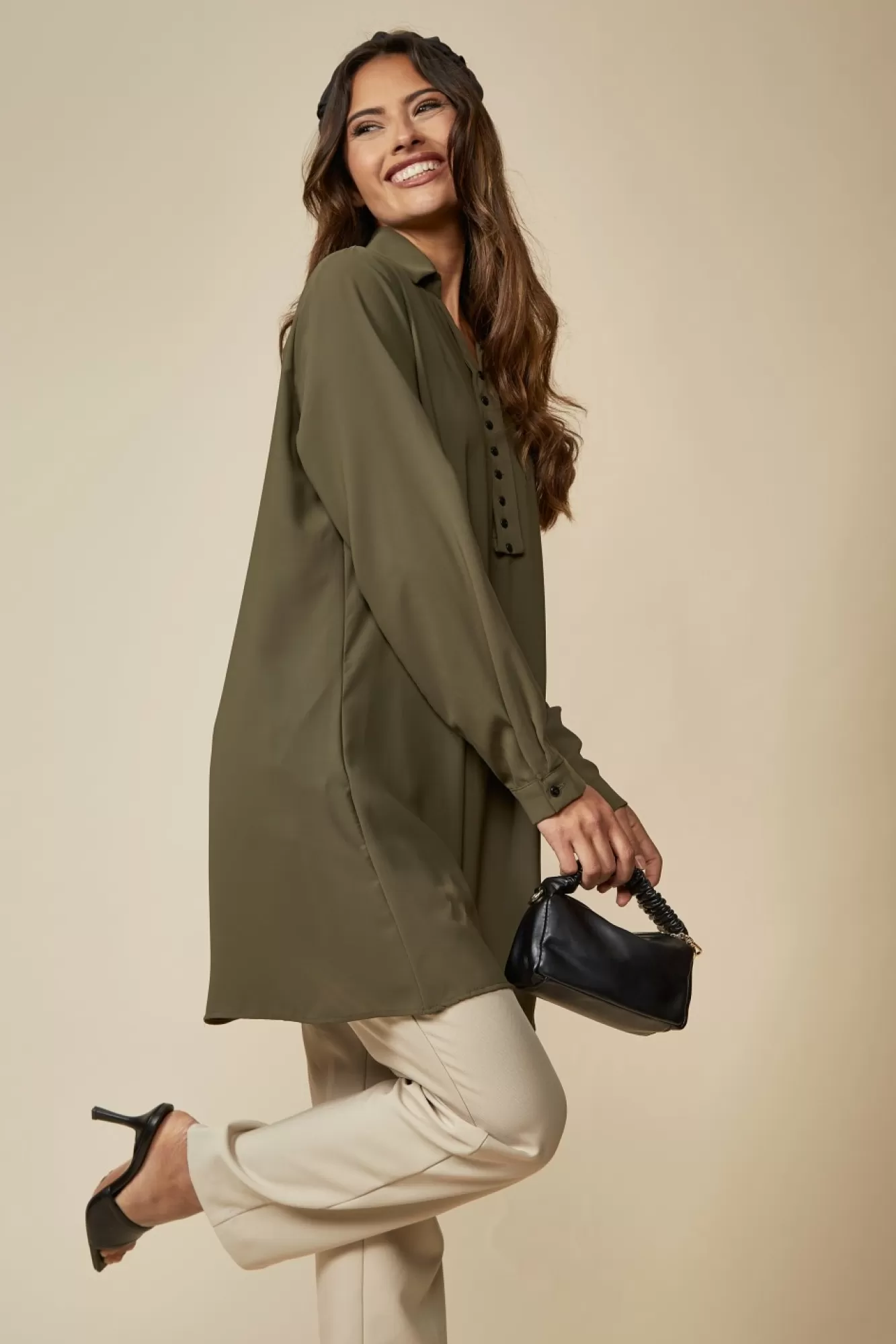 Blouses^Hoxton Gal Tunic Shirt With Button Details In Khaki