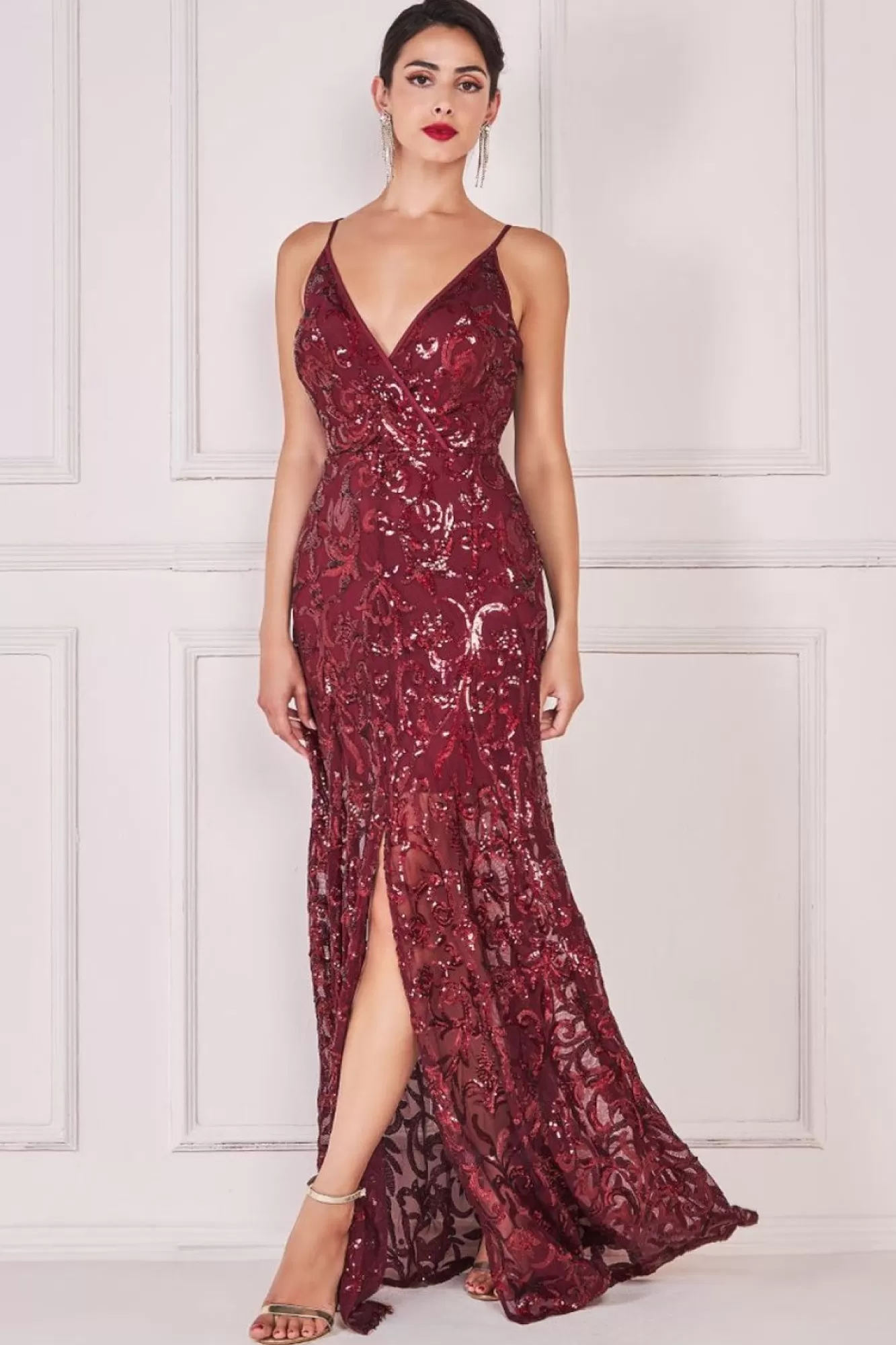 Maxi Dresses^* Iridescent Sequin Maxi With Front Split Burgundy