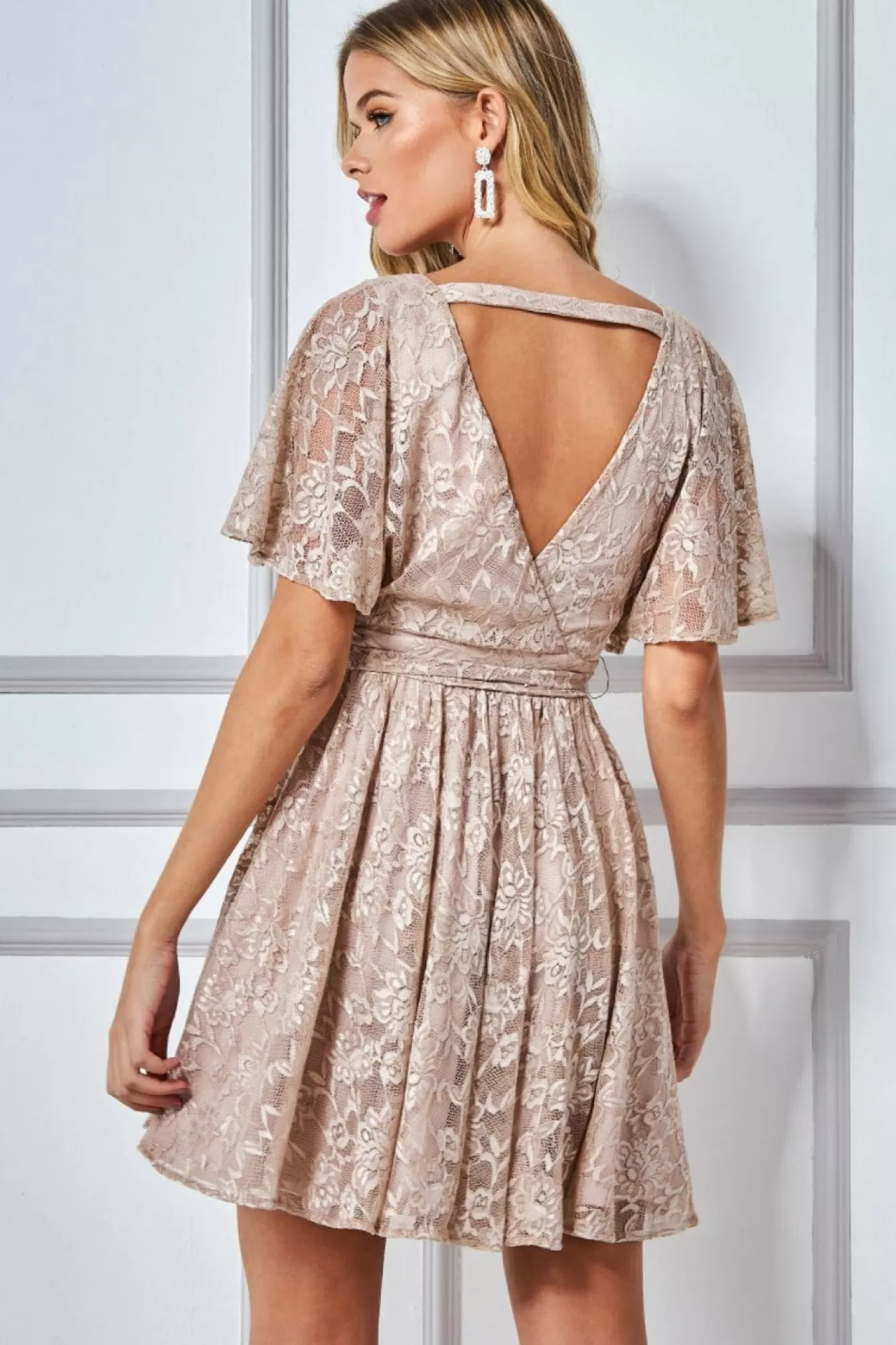 Mini Dresses^* Lace Kimono Wrap Skater Mini Dress Stone