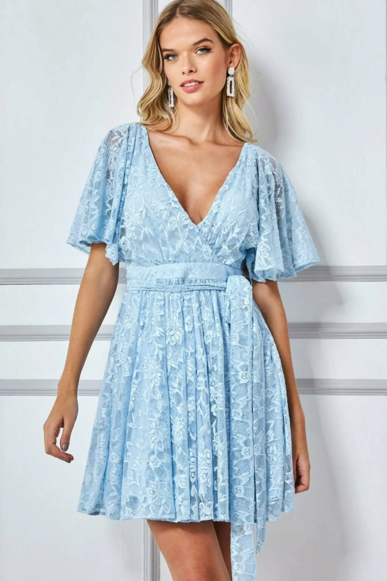 Mini Dresses^* Lace Kimono Wrap Skater Mini Dress - Powder Blue Powderblue