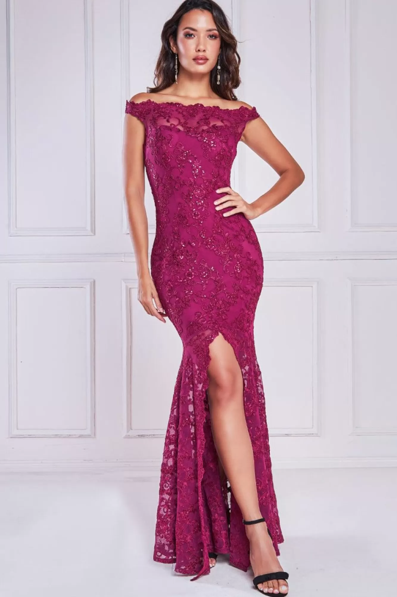 Maxi Dresses^* Lace Scallop Edge Mermaid Maxi Burgundy