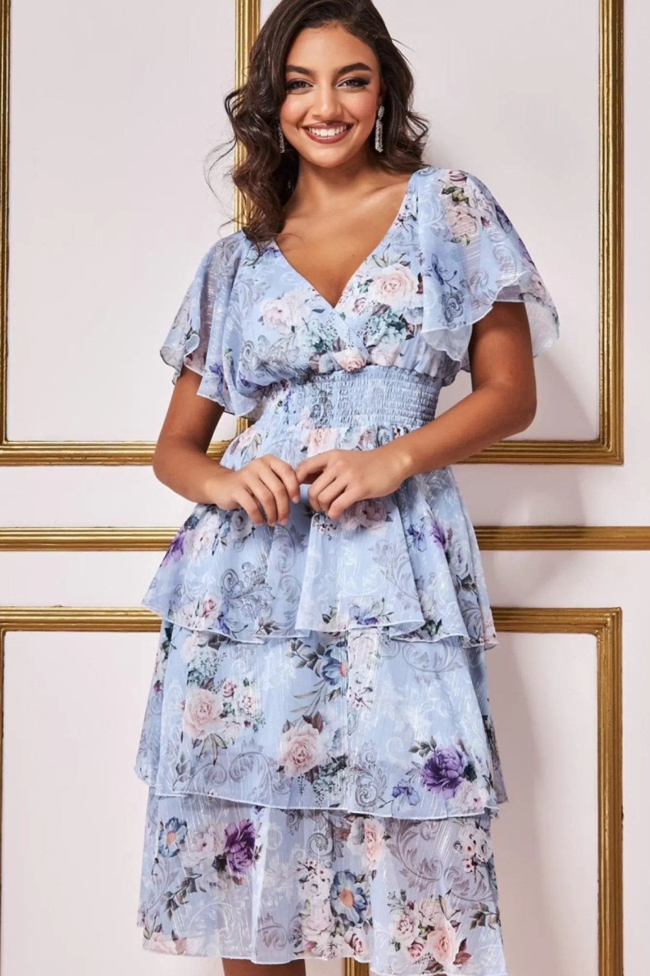 Midi Dresses^* Layered Floral Midi Flutter Sleeves Bluefloral