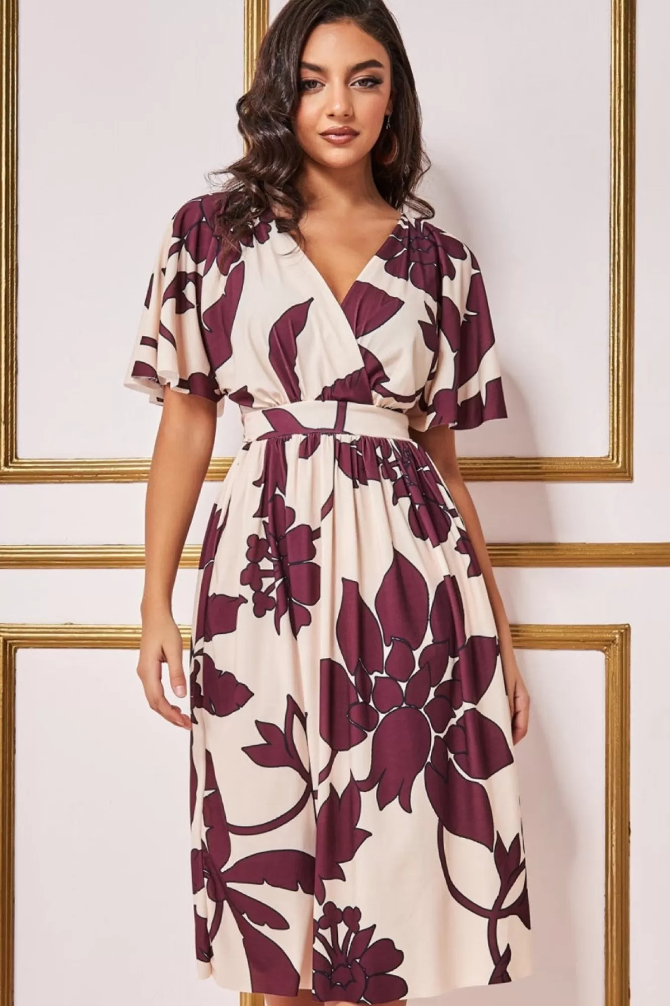 Midi Dresses^* Leaf Print Flutter Sleeve Midi Cream