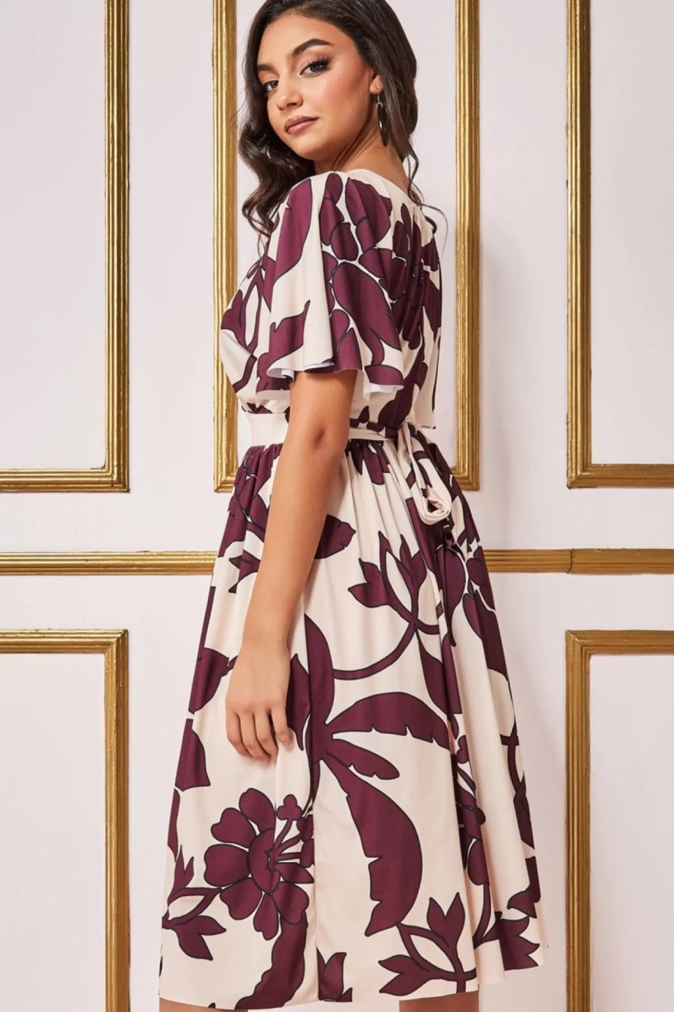 Midi Dresses^* Leaf Print Flutter Sleeve Midi Cream