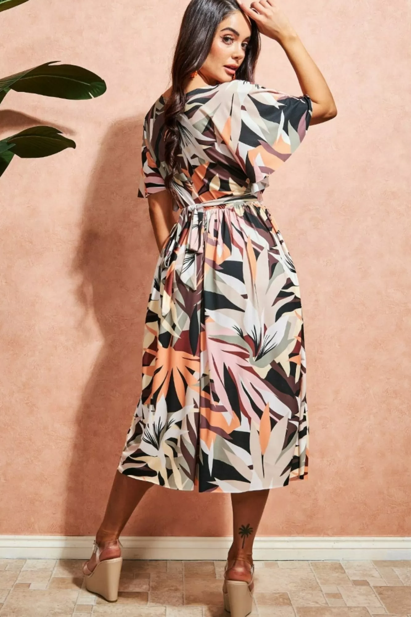 Midi Dresses^* Leaf Print Midi With Flutter Sleeves - Brown Print Brownprint