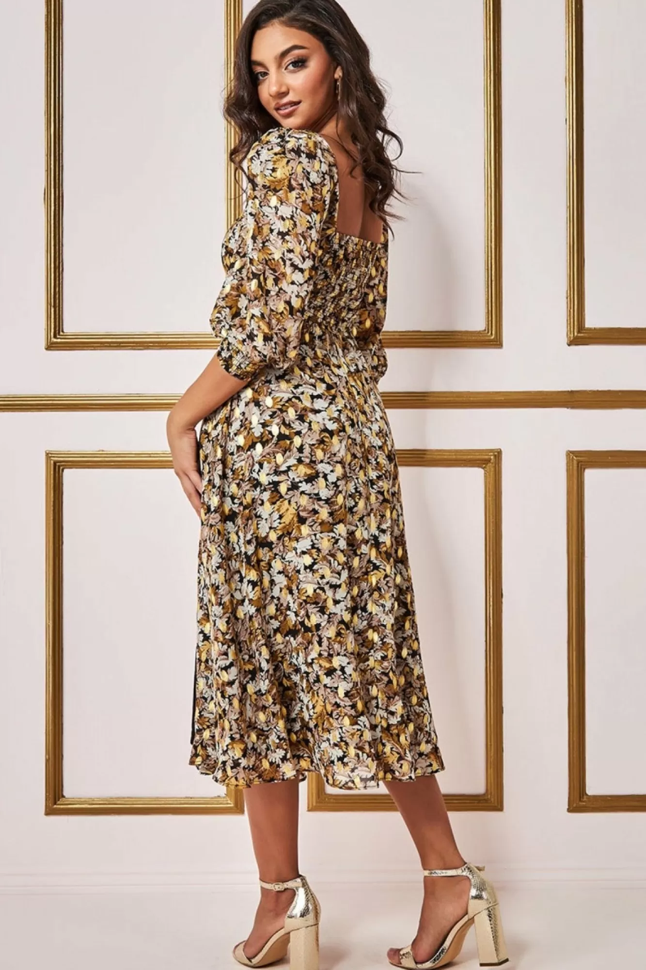 Midi Dresses^* Leaf Print Shirred Back Midi Dress - Leaf Print Leafprint