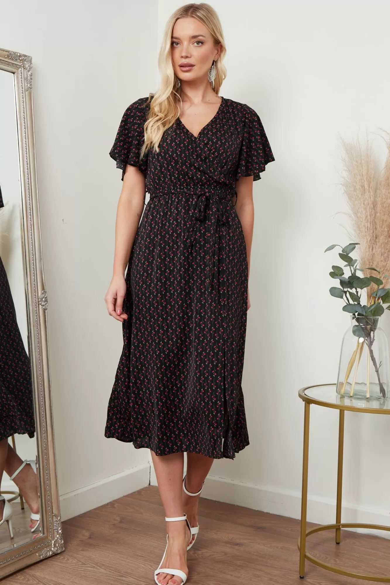 Midi Dresses^Lilura London Angel Sleeves Midi Wrap Dress In Floral Black