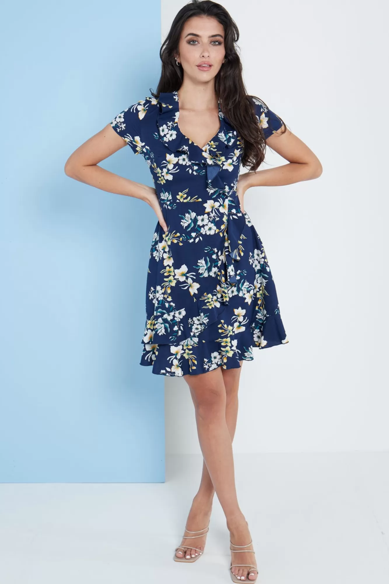 Mini Dresses^Lilura London Blue Floral Wrap Frill Dress Navy