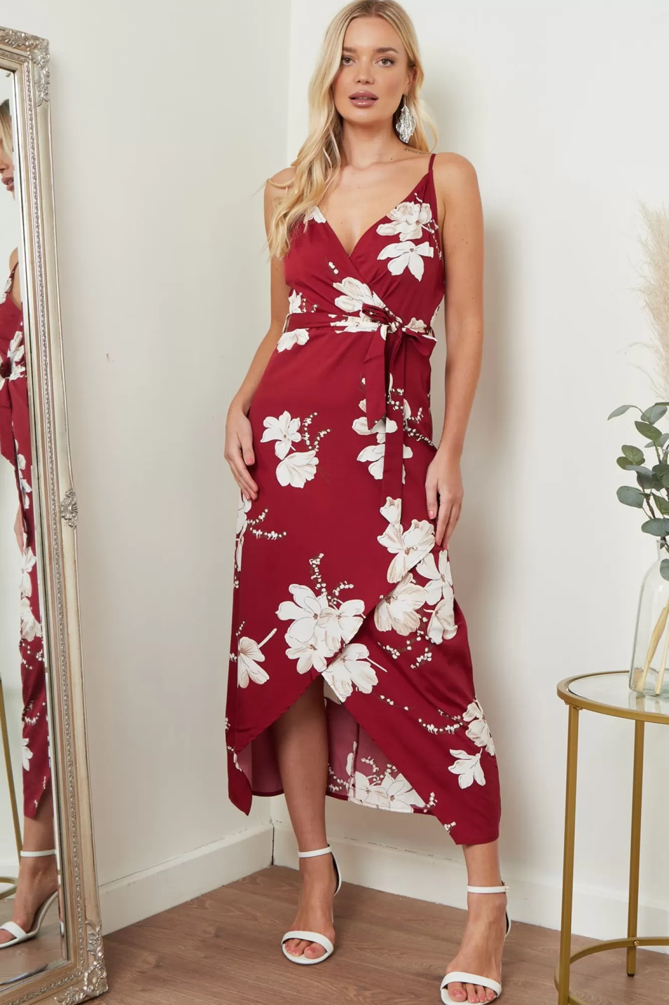 Midi Dresses^Lilura London Cami Wrap Midi Dress In Floral Print Red