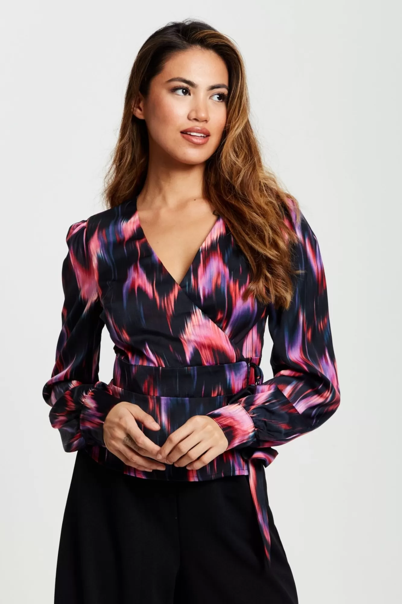 Blouses^Liquorish Abstract Feather Print Wrap Top In And Print Black