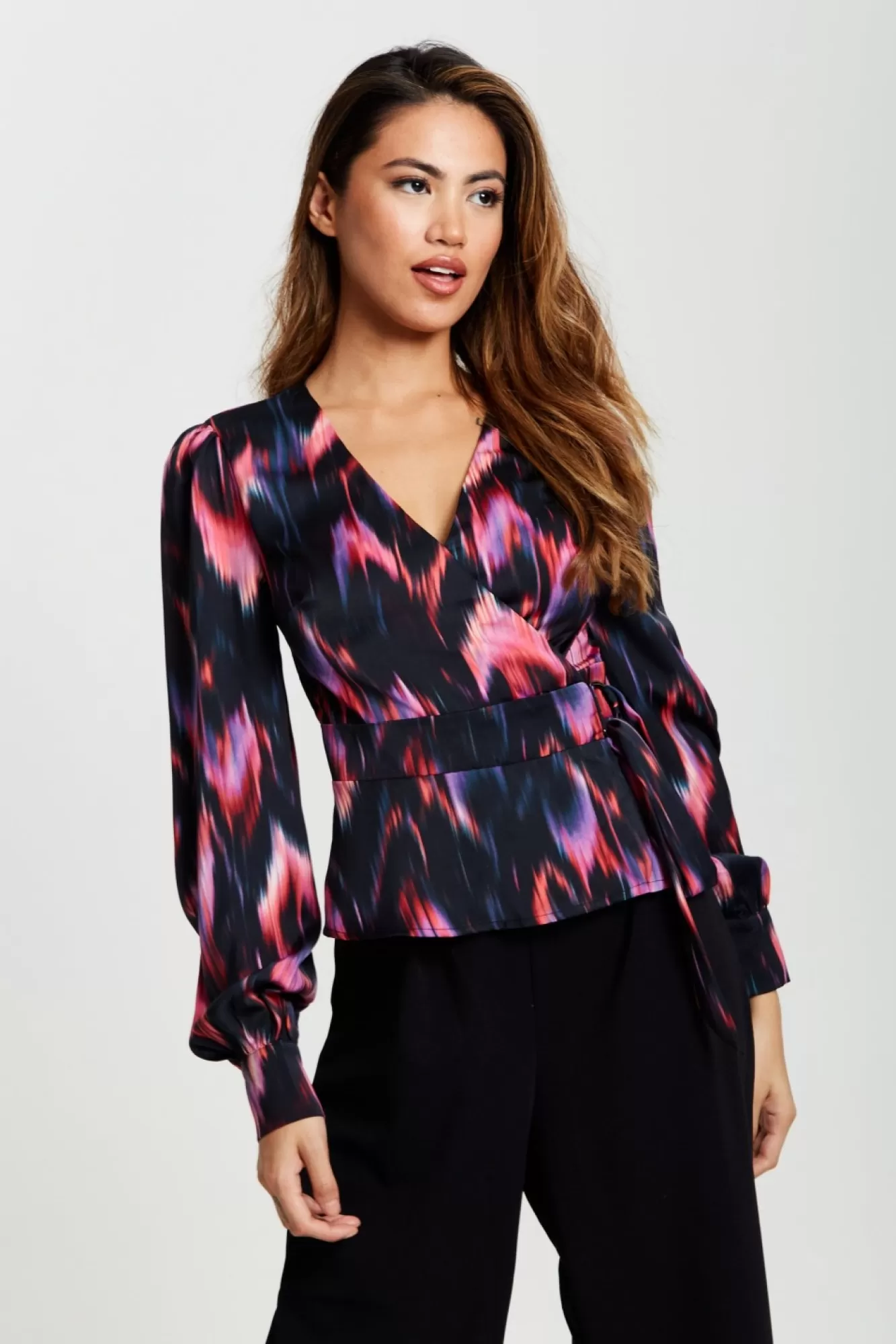 Blouses^Liquorish Abstract Feather Print Wrap Top In And Print Black