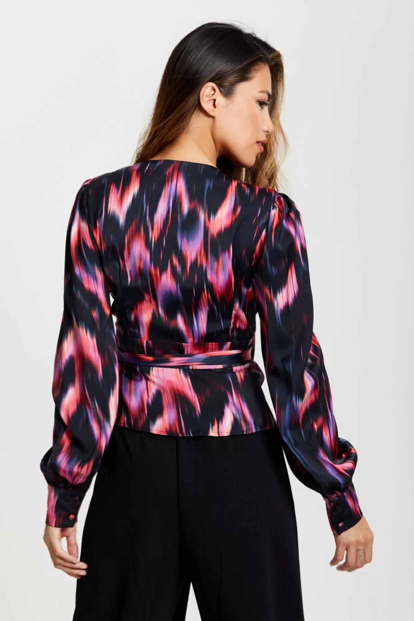 Blouses^Liquorish Abstract Feather Print Wrap Top In And Print Black
