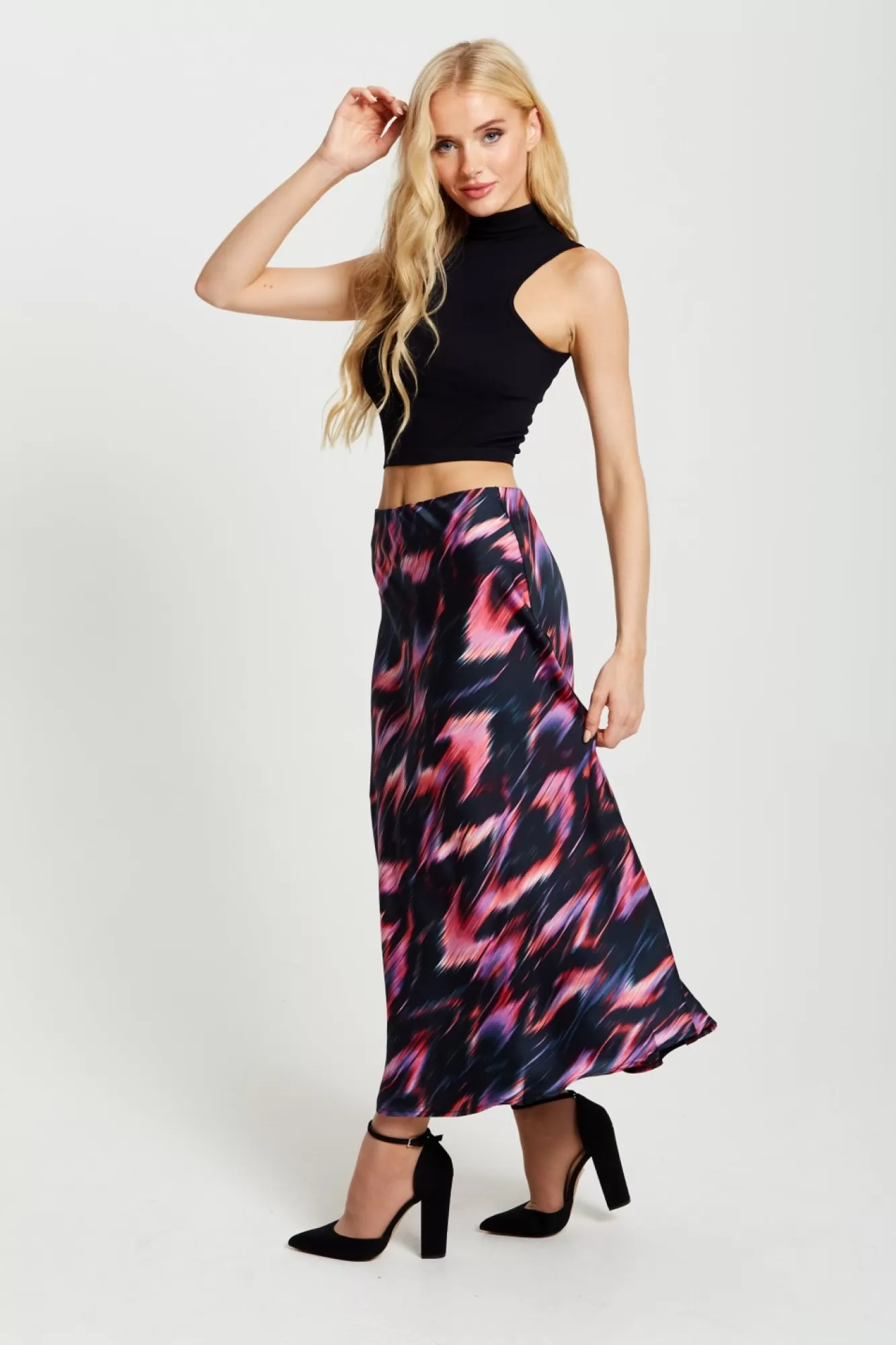 Skirts^Liquorish Abstract Ikat Print Midi Skirt In Black And Pink Blackpink