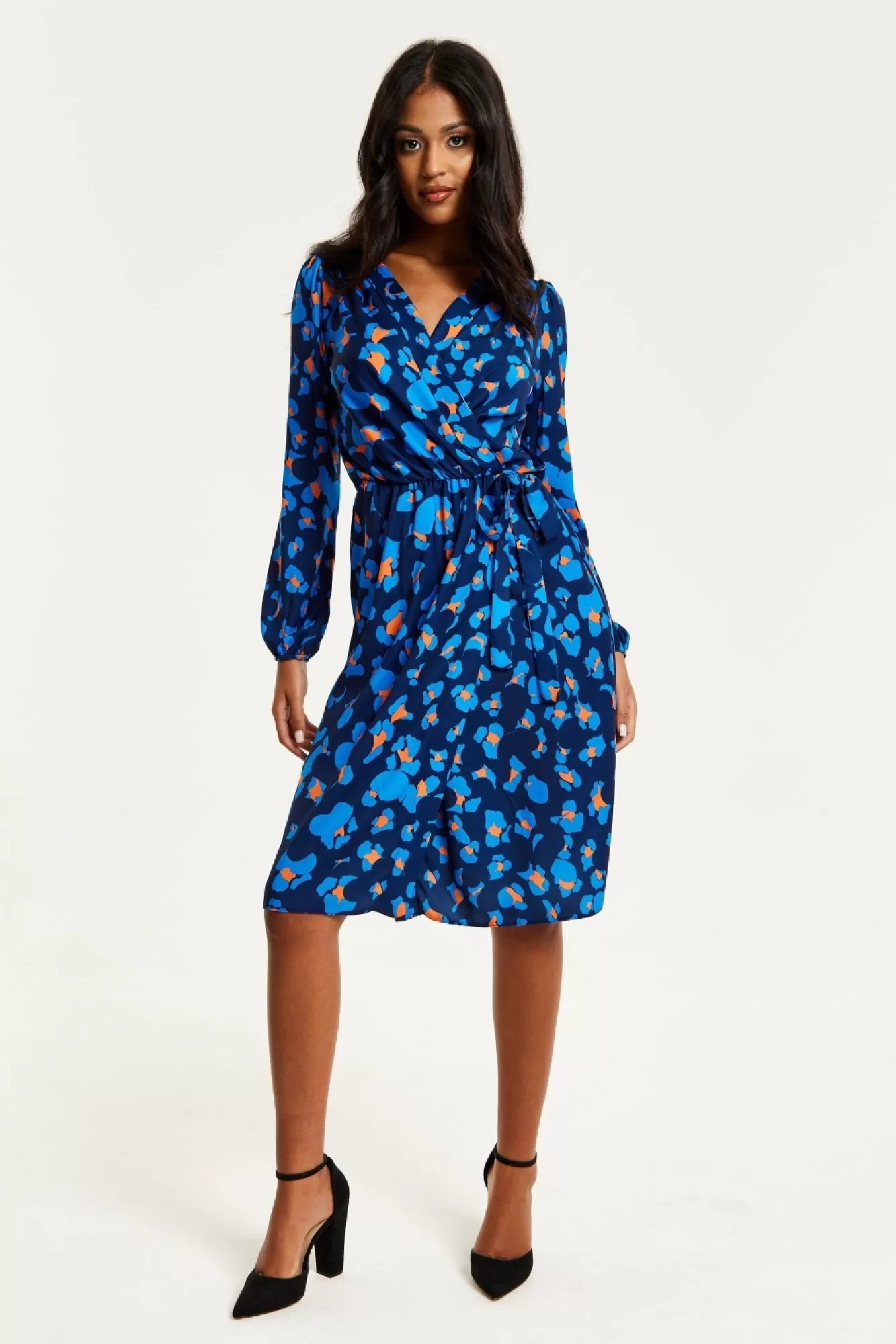 Midi Dresses^Liquorish Abstract Print Midi Fake Wrap Dress Blue