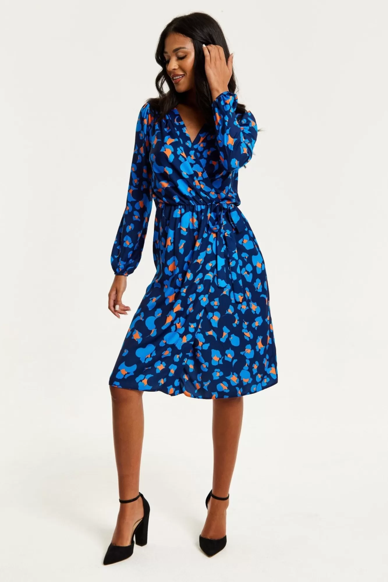 Midi Dresses^Liquorish Abstract Print Midi Fake Wrap Dress Blue