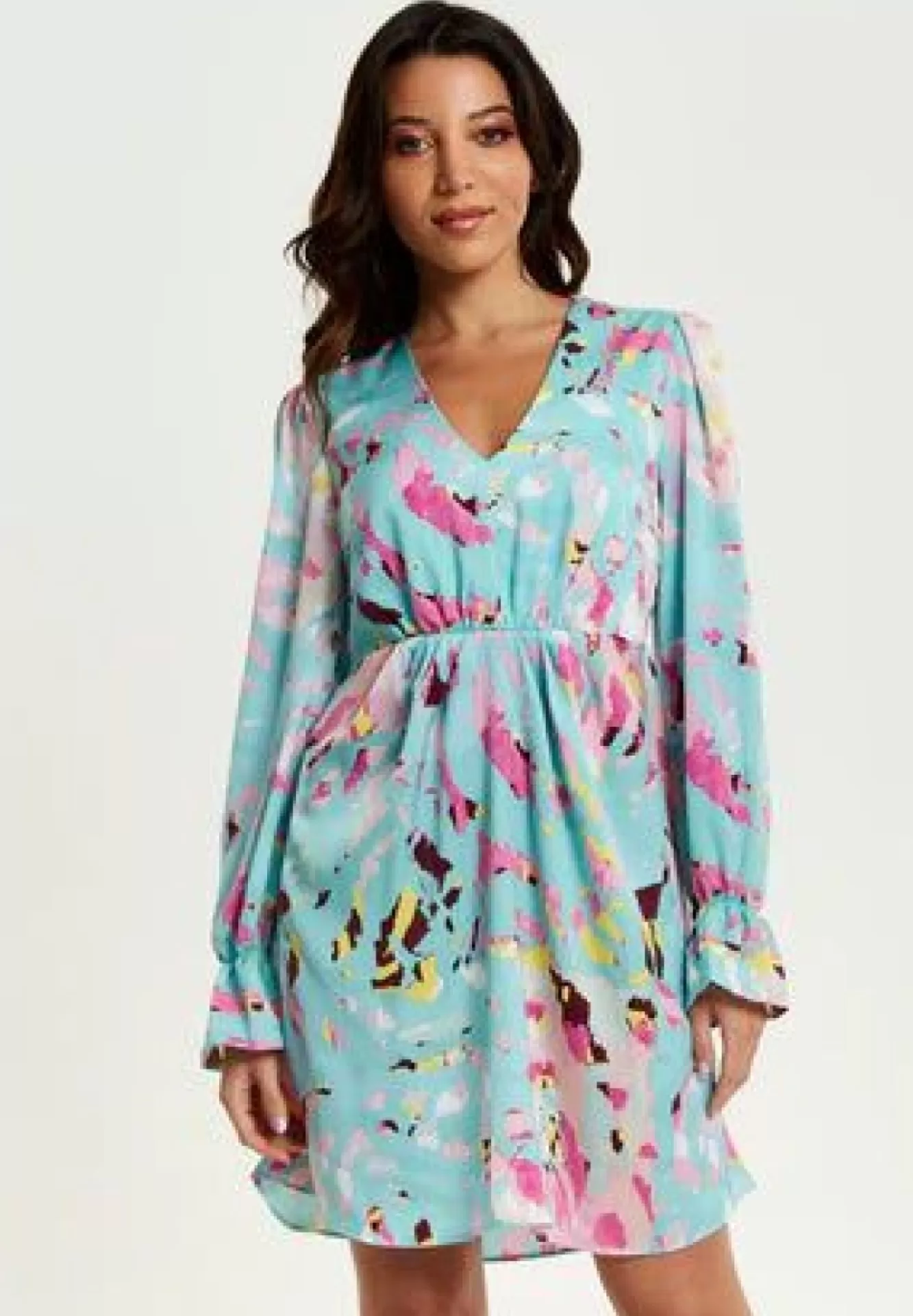 Mini Dresses^Liquorish Abstract Print Mini Dress With Open Back And Long Sleeves Blue