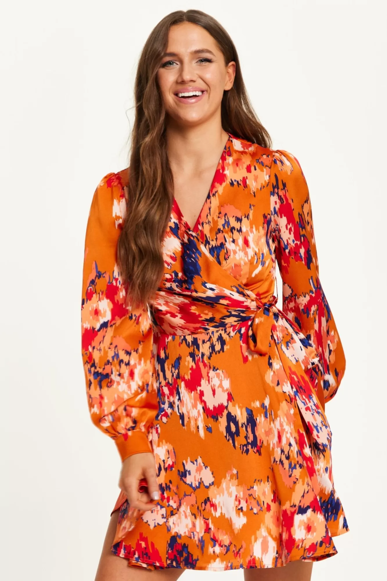 Mini Dresses^Liquorish Abstract Print Mini Wrap Dress Orange