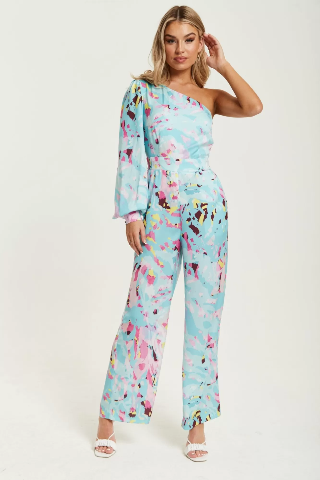 Jumpsuits^Liquorish Abstract Print One Shoulder Jumpsuit Blue
