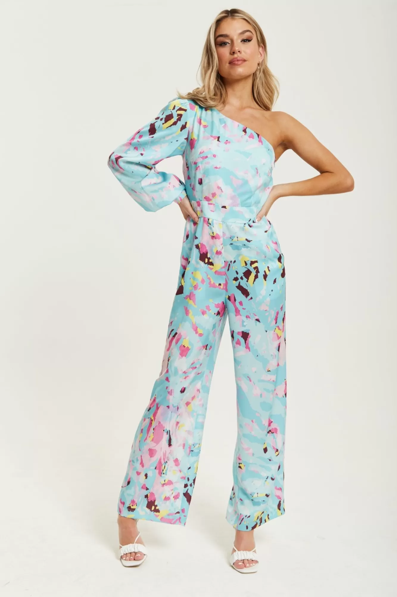 Jumpsuits^Liquorish Abstract Print One Shoulder Jumpsuit Blue