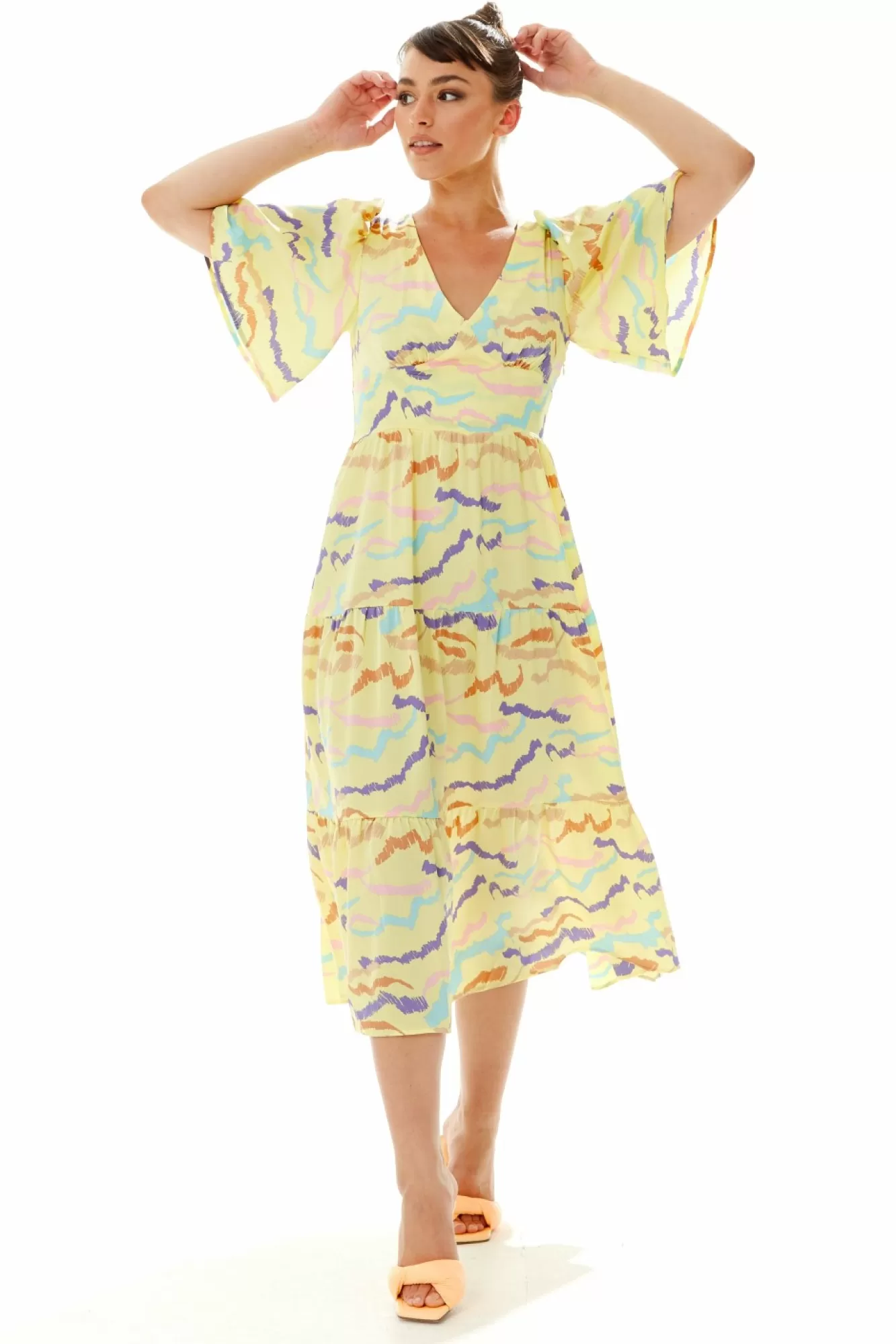 Midi Dresses^Liquorish Abstract Zebra Print Kimono Sleeves Midi Dress Yellow
