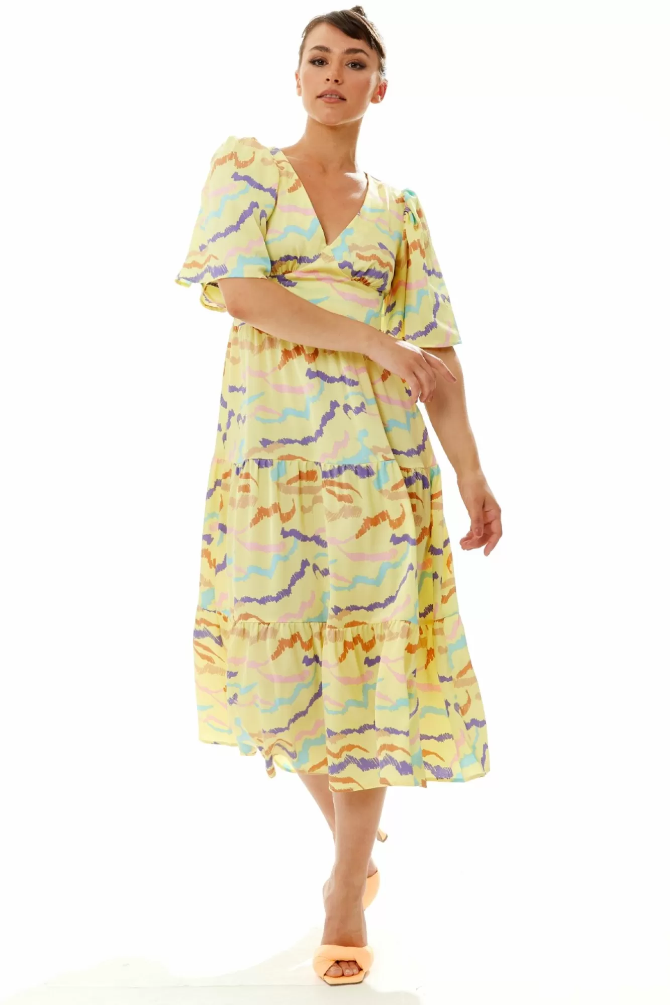 Midi Dresses^Liquorish Abstract Zebra Print Kimono Sleeves Midi Dress Yellow