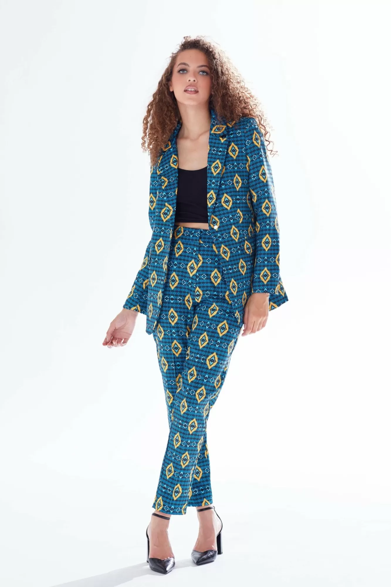 Outerwear^Liquorish African Print Suit Blazer In Blue, Yellow & Navy Blueyellownavy