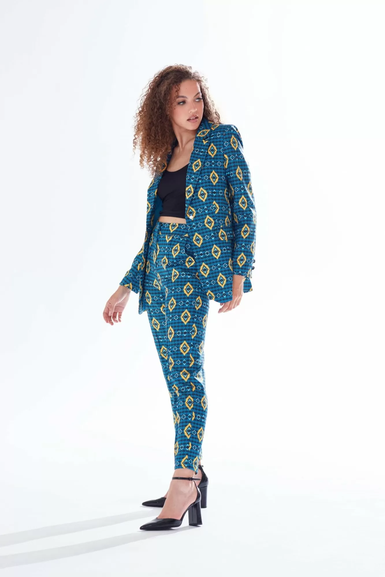 Outerwear^Liquorish African Print Suit Blazer In Blue, Yellow & Navy Blueyellownavy