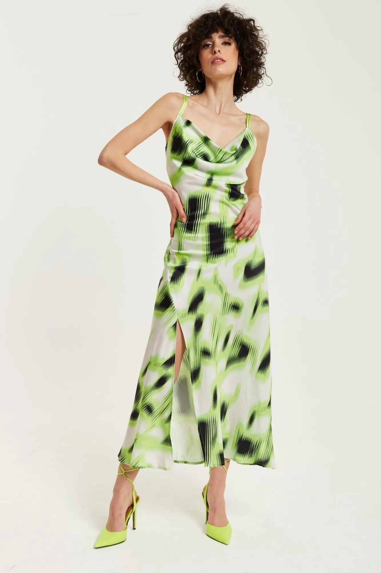 Midi Dresses^Liquorish And Black Abstract Print Cowl Neck Midi Green