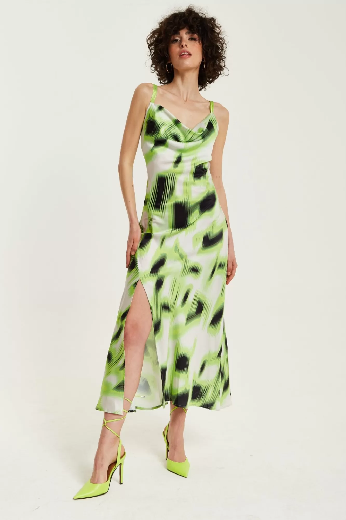 Midi Dresses^Liquorish And Black Abstract Print Cowl Neck Midi Green