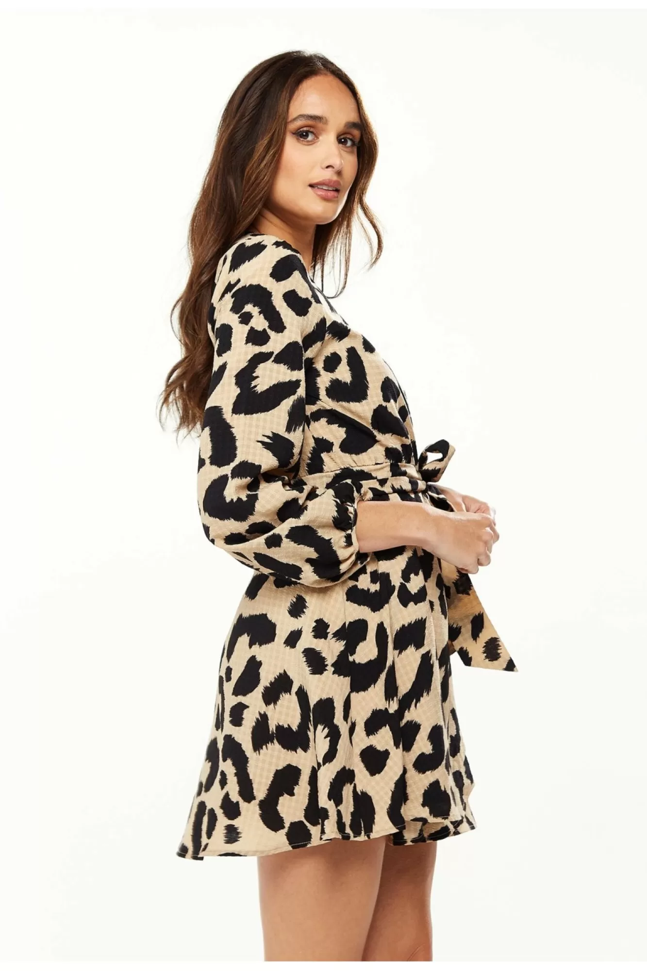 Mini Dresses^Liquorish Animal Print Mini Wrap Dress Long Sleeve In Cream