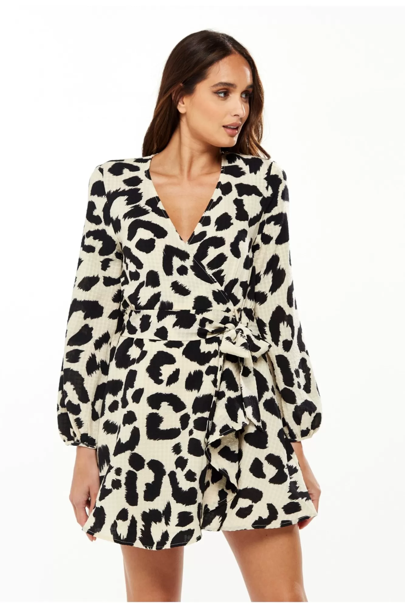 Mini Dresses^Liquorish Animal Print Mini Wrap Dress With Long Sleeves White