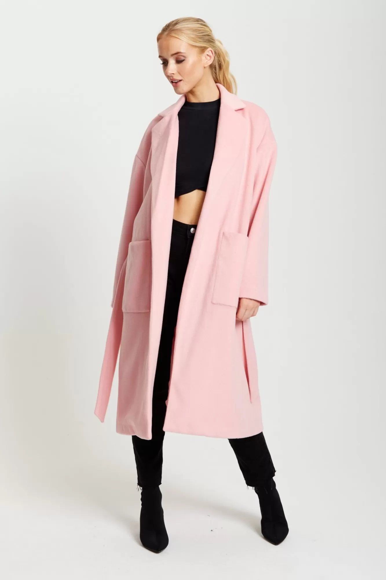 Outerwear^Liquorish Belted Longline Coat In Pink