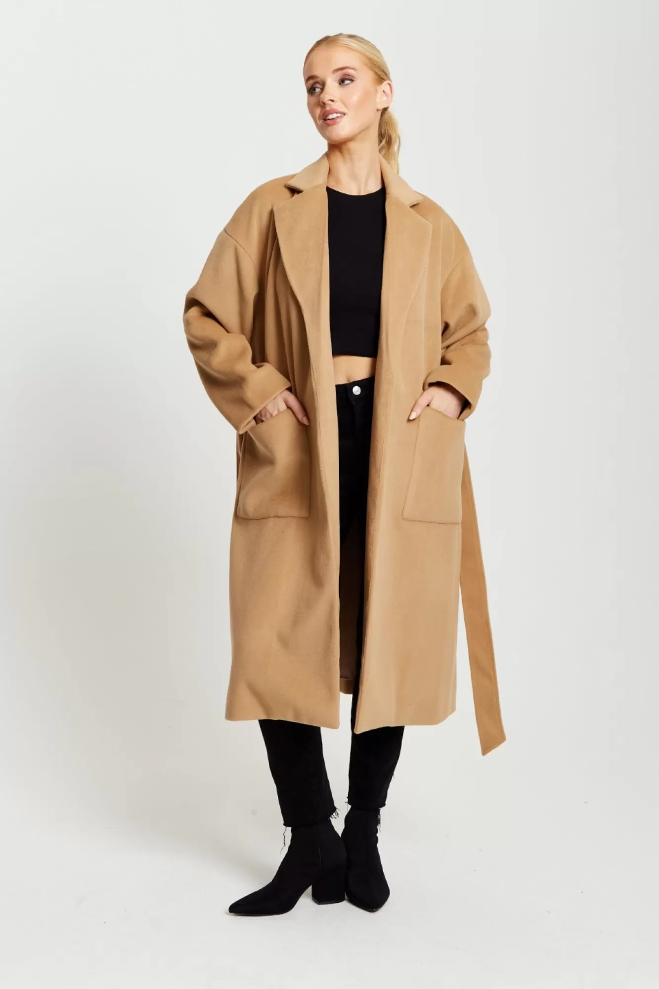 Outerwear^Liquorish Belted Longline Coat In Camel