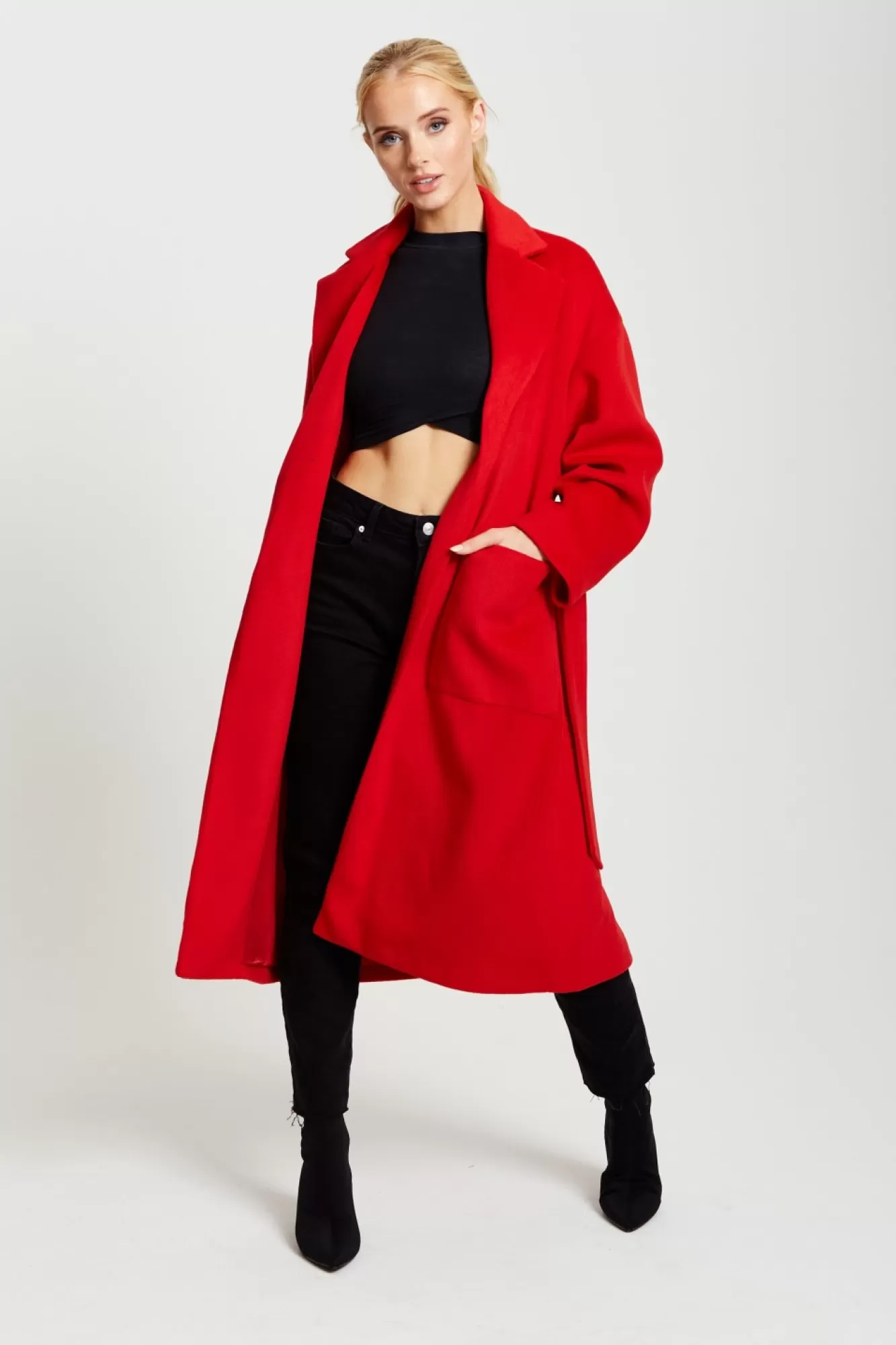 Outerwear^Liquorish Belted Longline Coat In Red