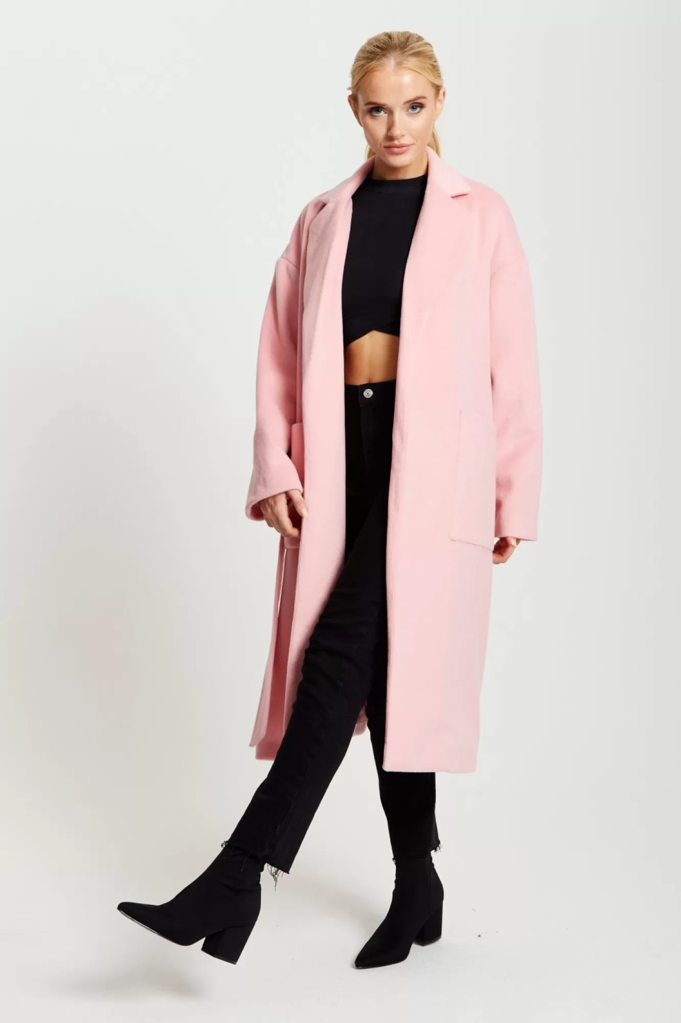 Outerwear^Liquorish Belted Longline Coat In Pink