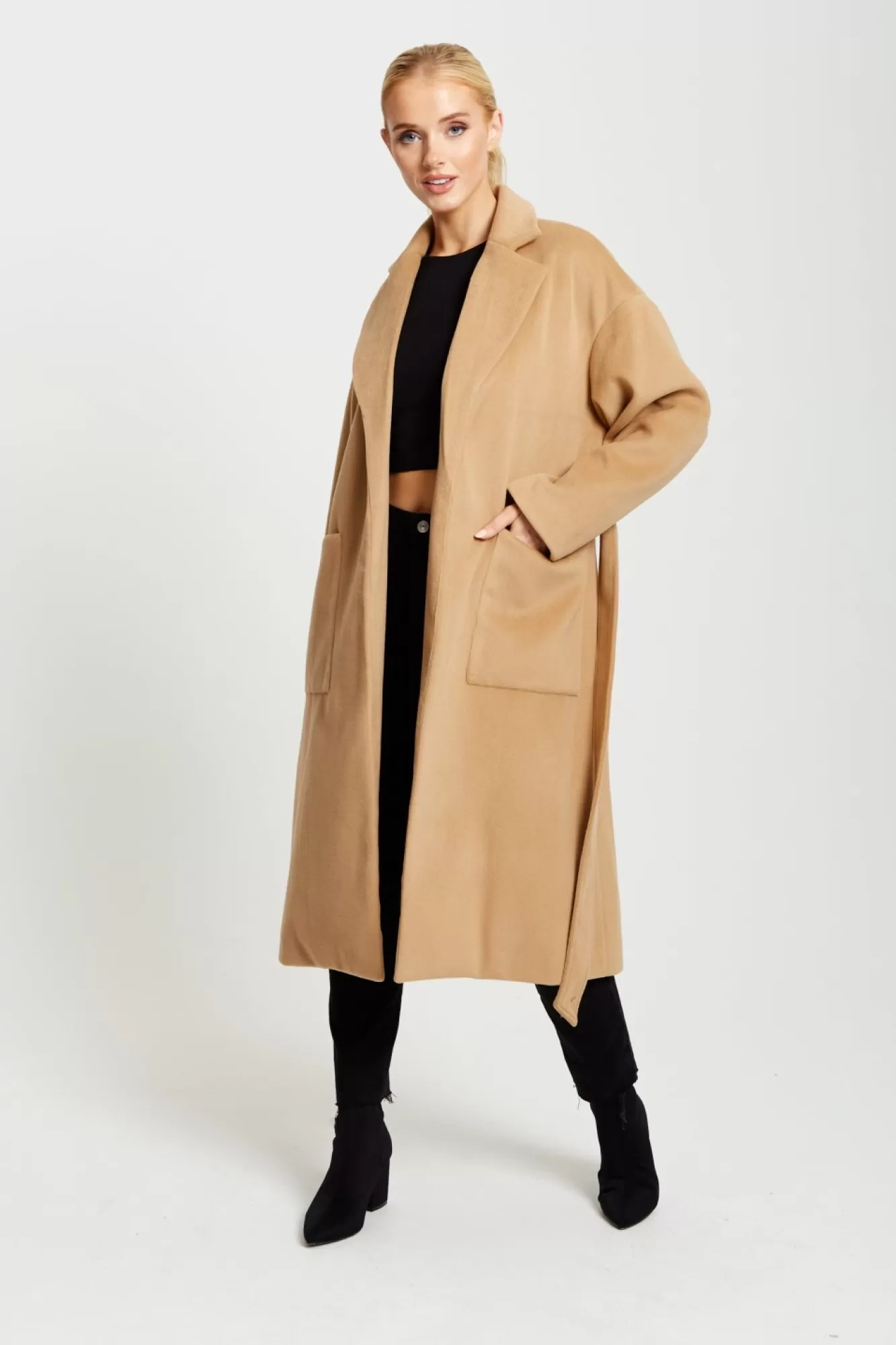 Outerwear^Liquorish Belted Longline Coat In Camel