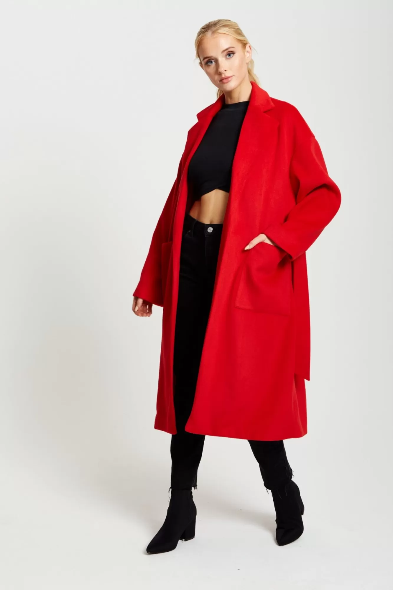 Outerwear^Liquorish Belted Longline Coat In Red