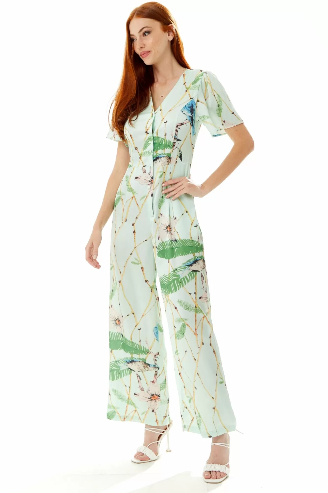 Jumpsuits^Liquorish Bird Print Jumpsuit In Mint Green Mintgreen
