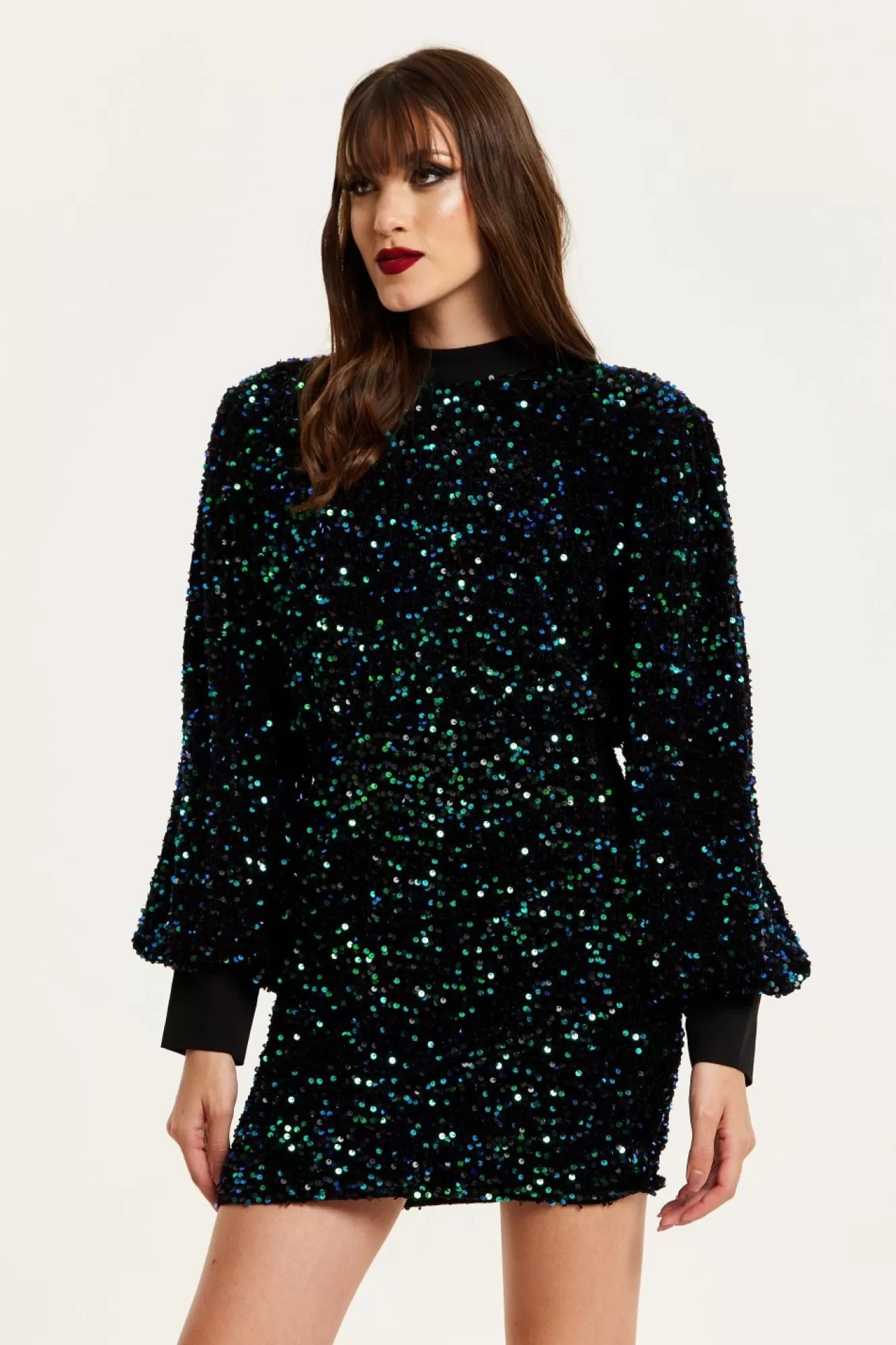 Mini Dresses^Liquorish Black Velvet Based Green And Blue Sequin Mini Dress Multicolor