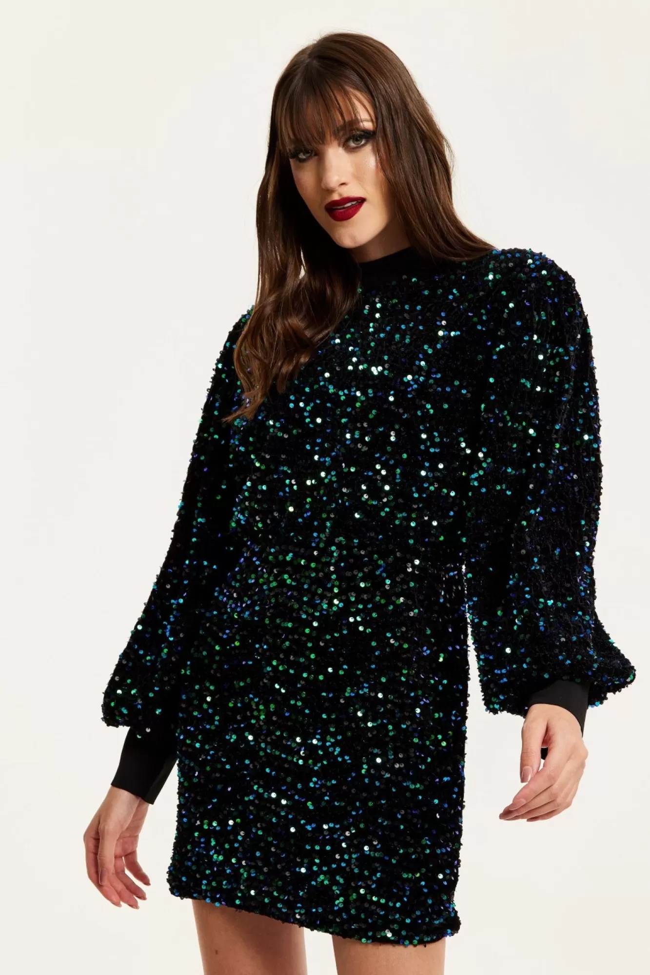 Mini Dresses^Liquorish Black Velvet Based Green And Blue Sequin Mini Dress Multicolor