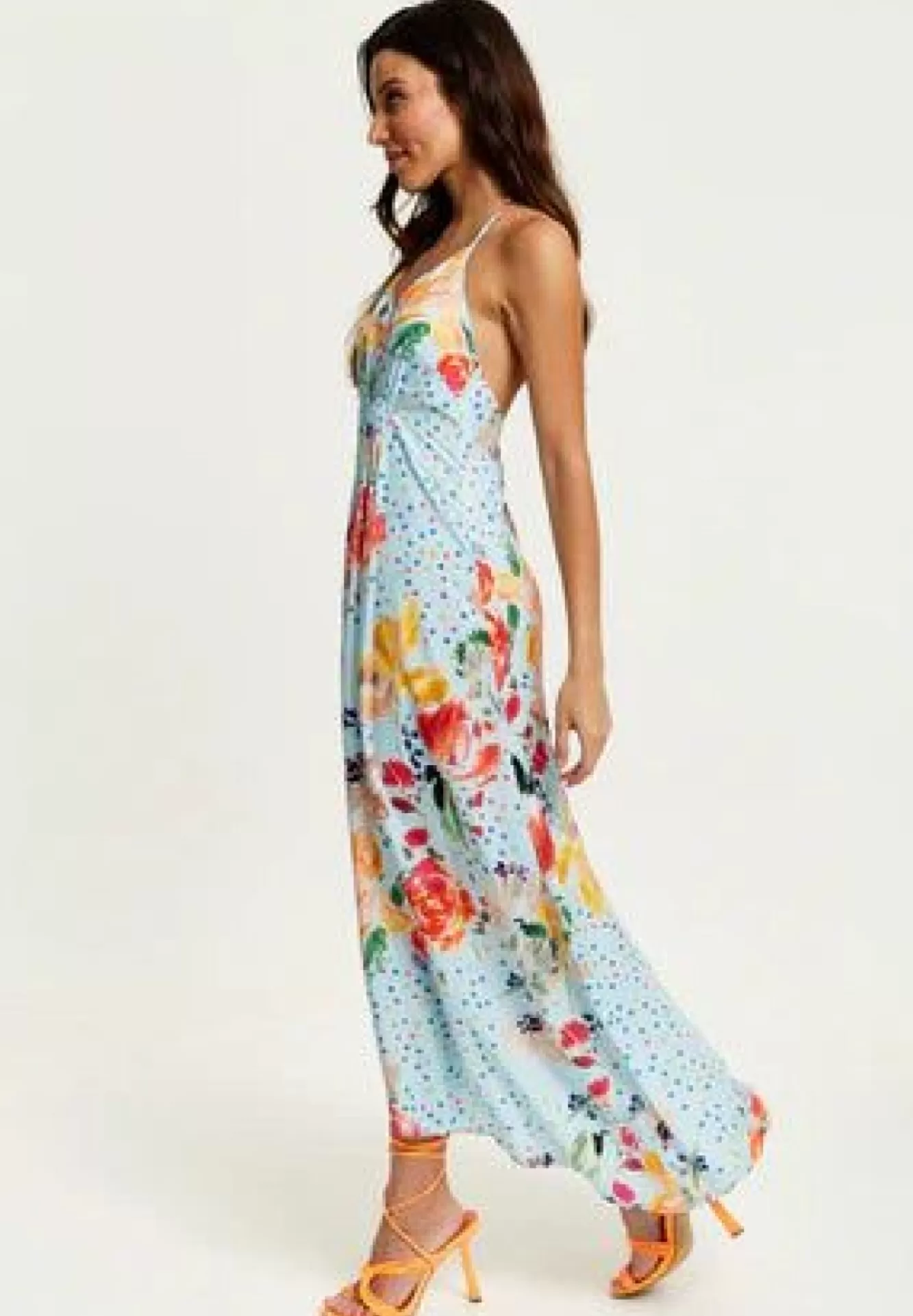 Midi Dresses^Liquorish Blue Floral Print Midi Asymmetrical Dress With Open Back Multicolor