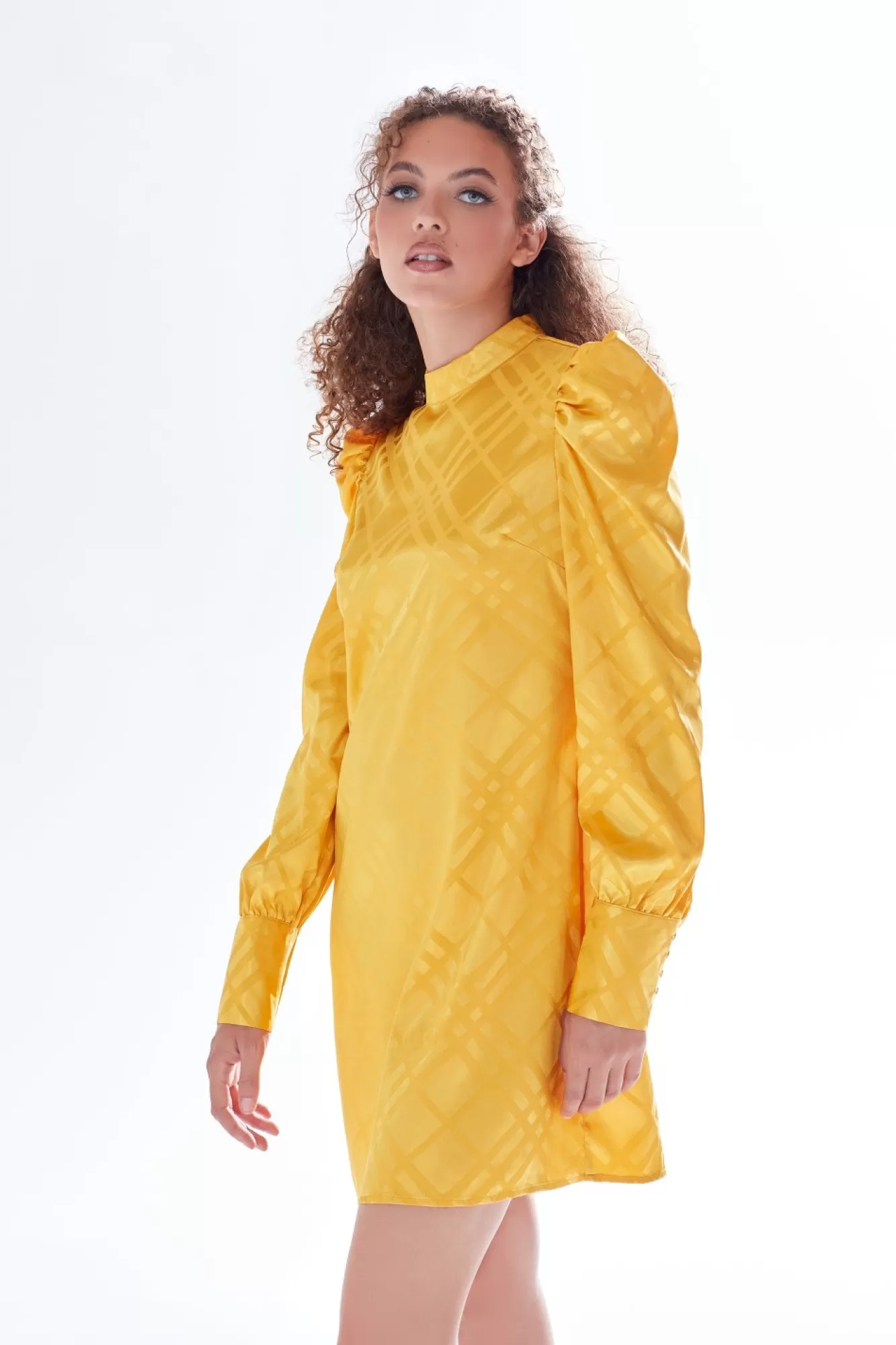 Mini Dresses^Liquorish Check Jacquard Mini Dress With High Neck Mustard