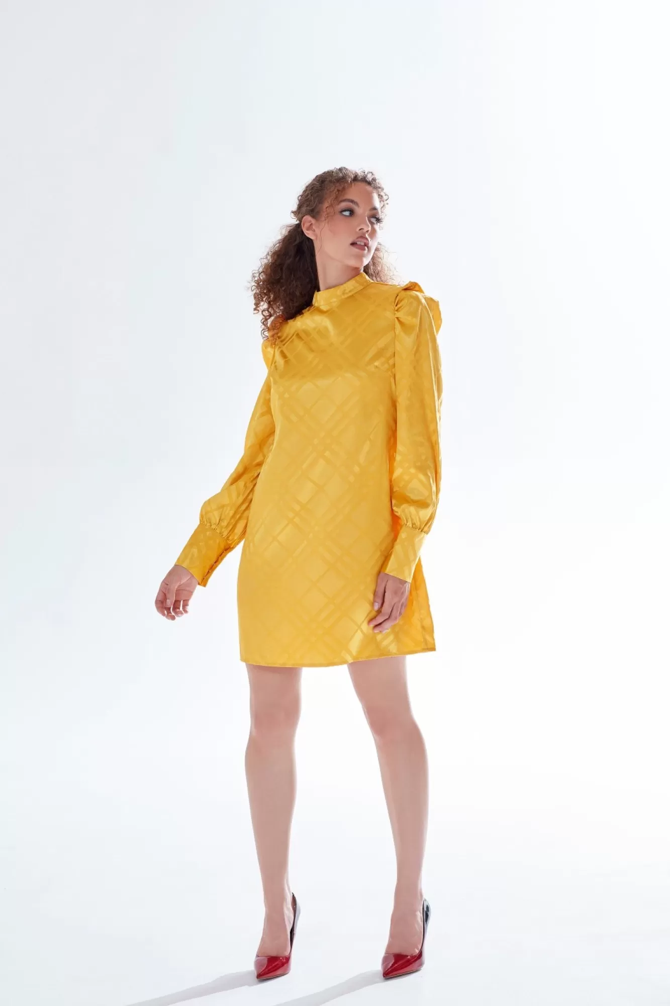 Mini Dresses^Liquorish Check Jacquard Mini Dress With High Neck Mustard