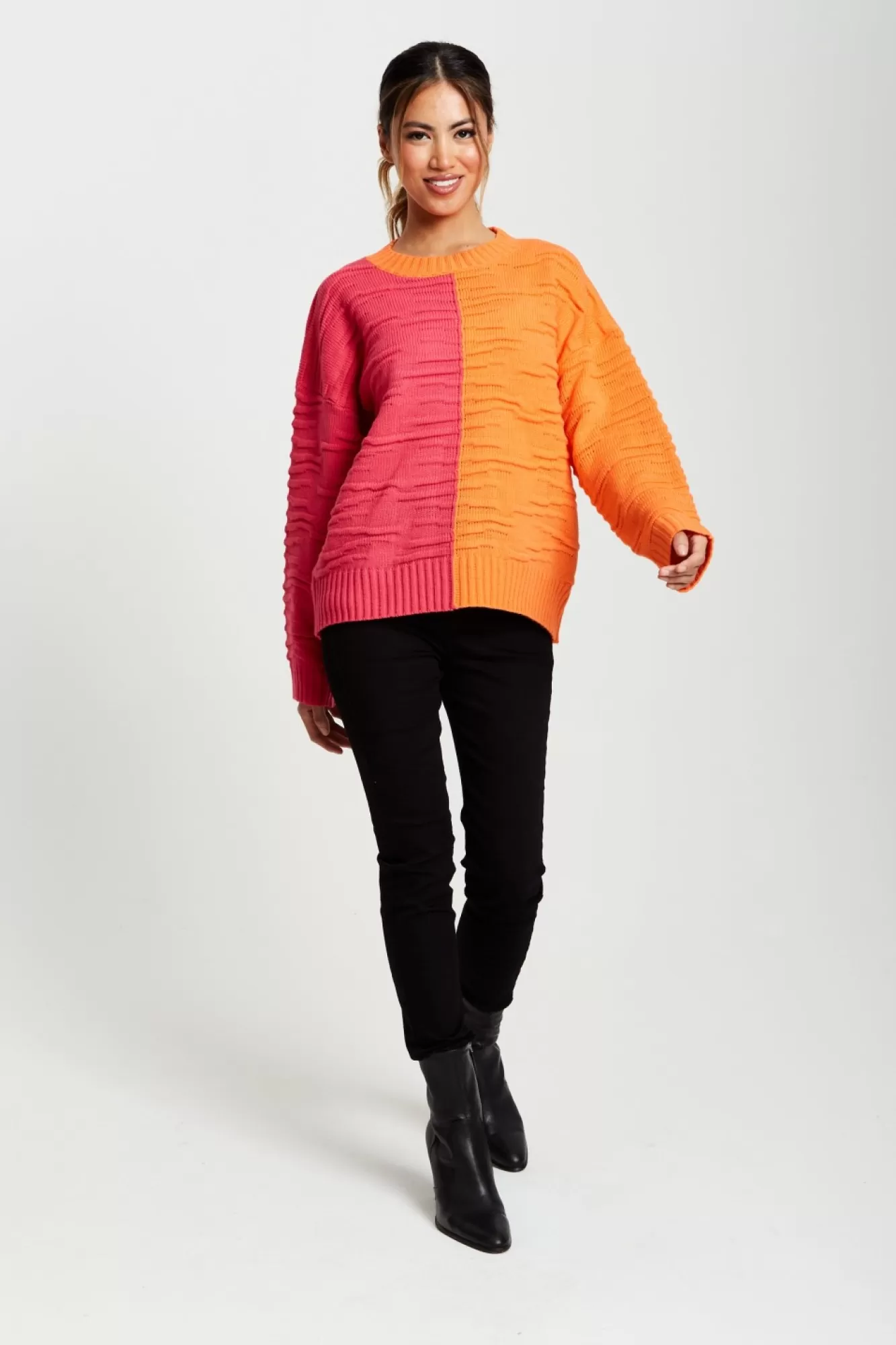 Jumpers^Liquorish Colour Block Jumper In Orange And Pink Orangepink