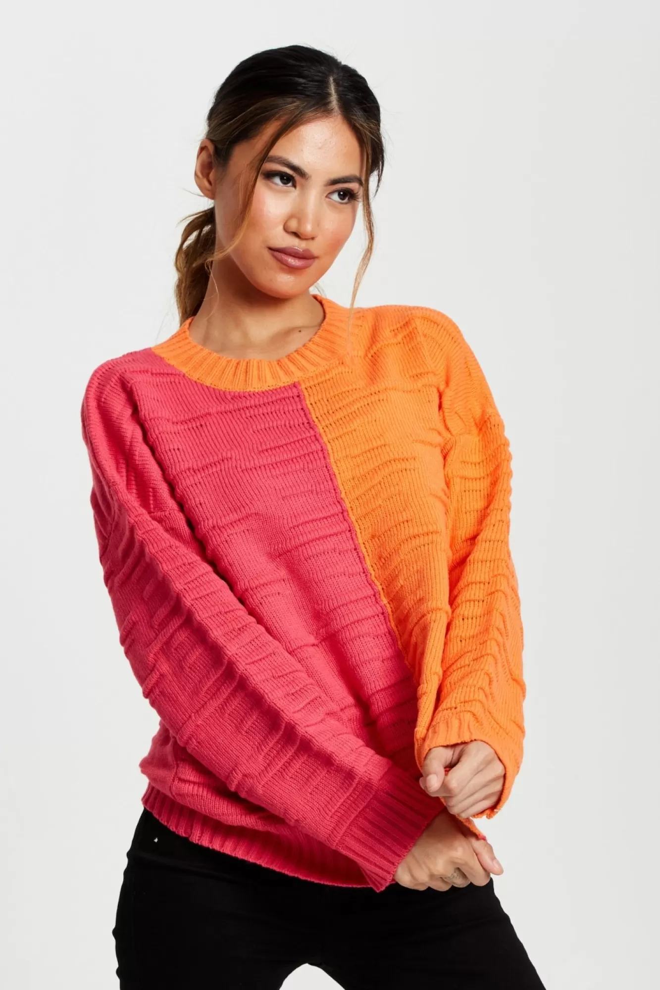 Jumpers^Liquorish Colour Block Jumper In Orange And Pink Orangepink