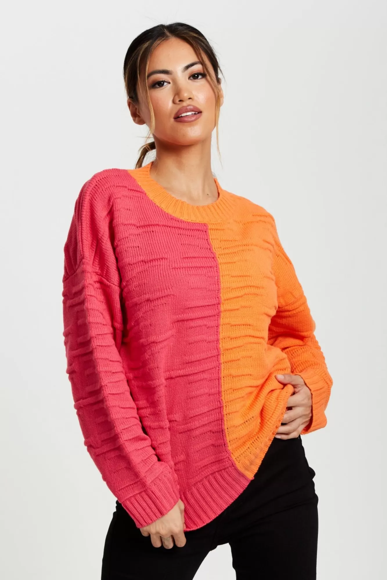 Jumpers^Liquorish Colour Block Jumper In Orange And Pink Orangepink